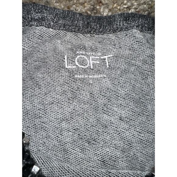 LOFT Gray French Terry Short Sleeve Top Small Beaded Embellished Neckline - Picture 3 of 8